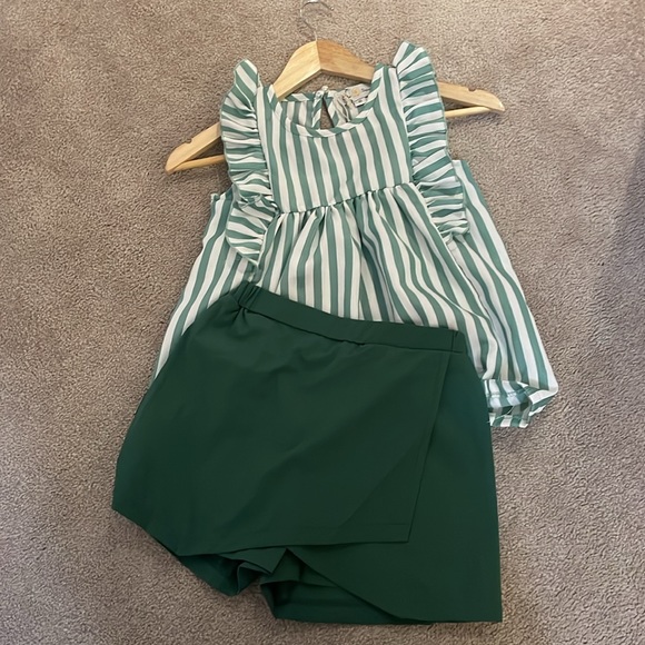 White & Green Stripe Ruffle Babydoll Tank & Green Shorts - Picture 3 of 9